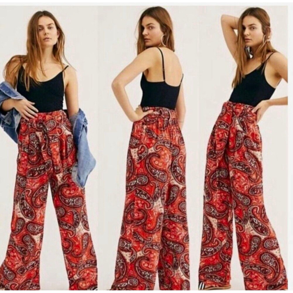 Free People Double Trouble Wide Leg Pants Size S Red Paisley Boho Trousers